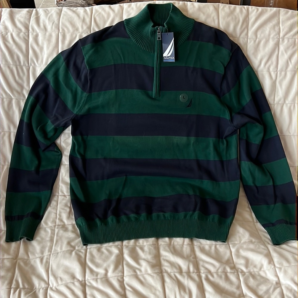 Mens Nautica 1/4 zip sweater. 100% cotton. Navy and green stripe. Never worn.